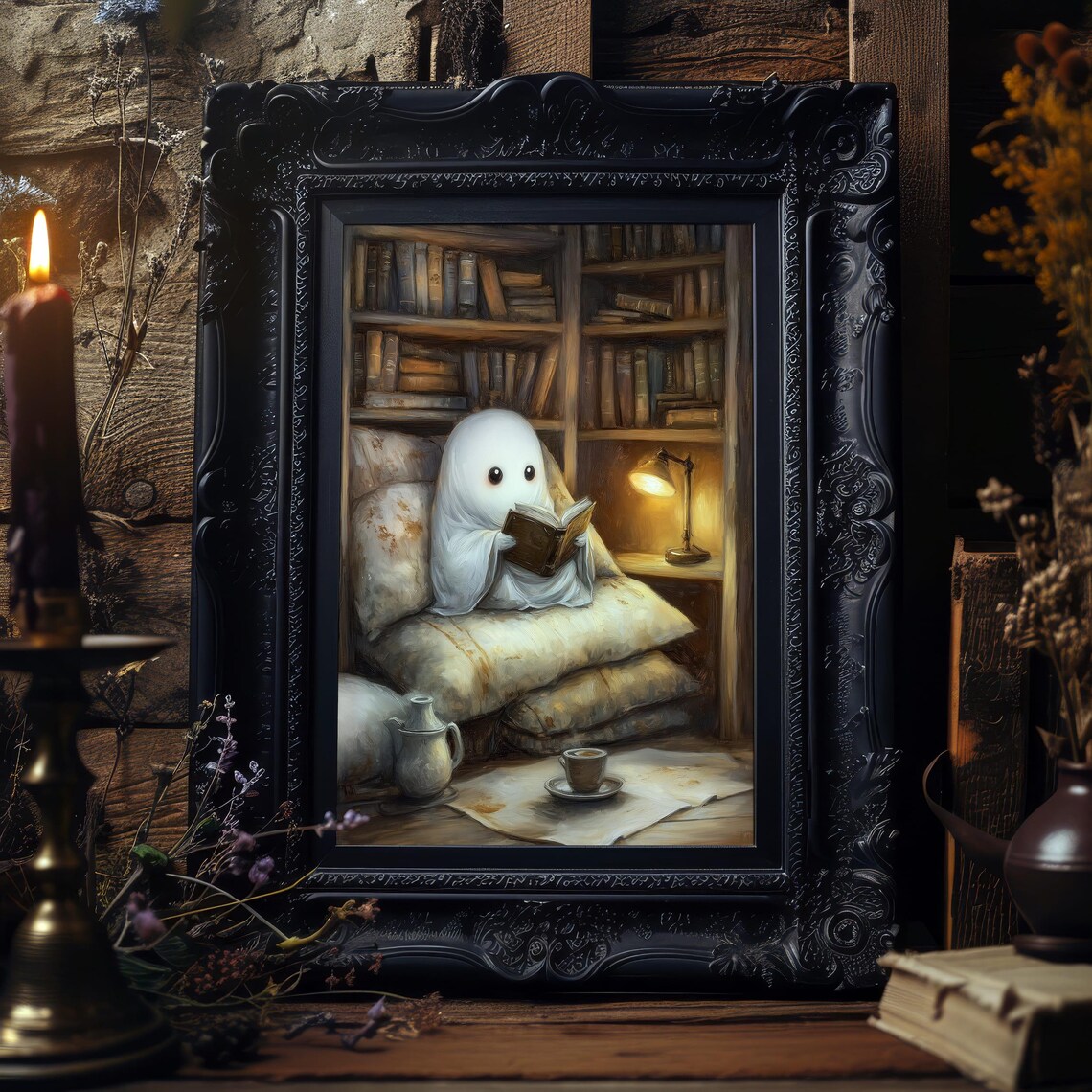 Cozy Ghost Library Art Print | Bookish Halloween Decor | Spooky Reading ...