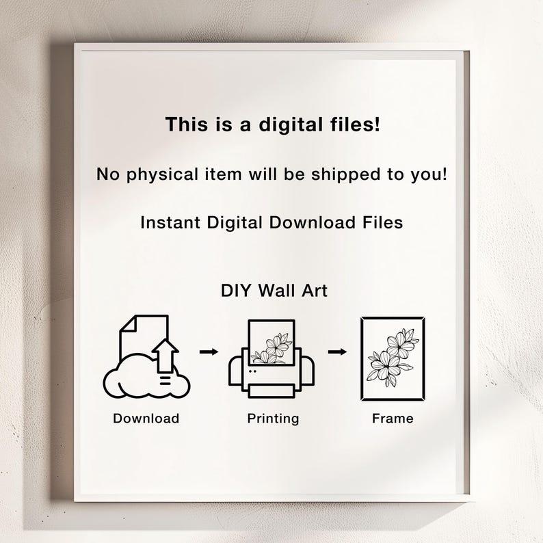 May include: A white sign with black text that reads "This is a digital files! No physical item will be shipped to you! Instant Digital Download Files DIY Wall Art" with a graphic showing the steps to download, print, and frame a digital file.