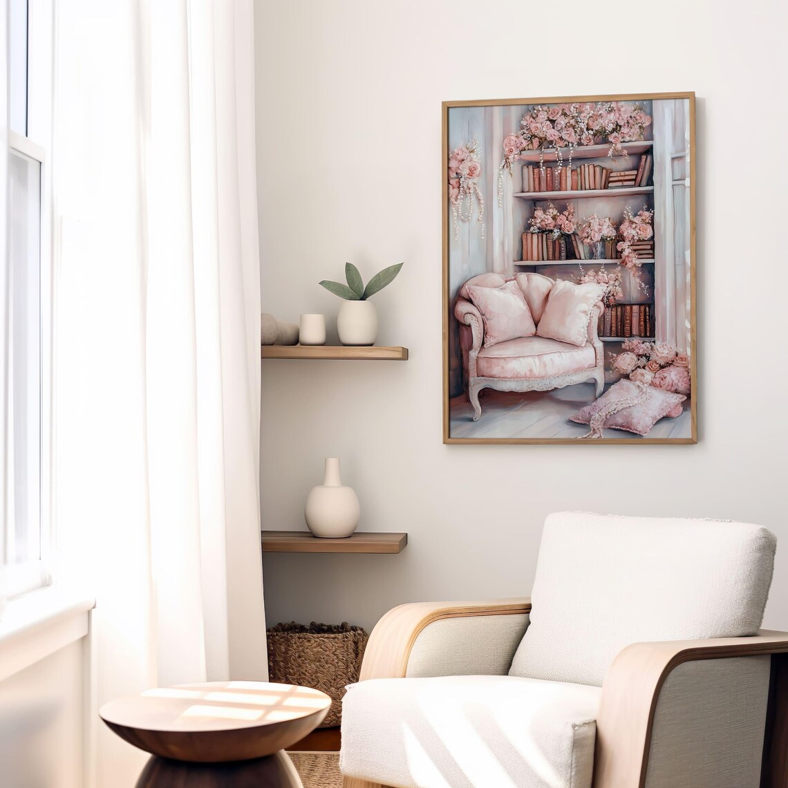 Vintage Bookshelf Wall Art | Shabby Chic Book Nook Print | Cozy Book ...