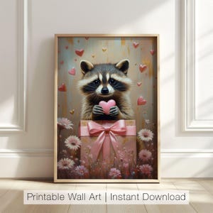 Graziosa decorazione murale con procione, stampabile con animali per San Valentino, stampa artistica con procione, decorazione con cuore e fiori, stampa d&#39;amore, arte per la cameretta dei bambini, download digitale