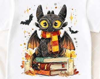 Cute Dragon Book Lover PNG, Fall Halloween Sublimation, Wizard Dragon Shirt PNG, Magical Reading DTF Design, Digital Download