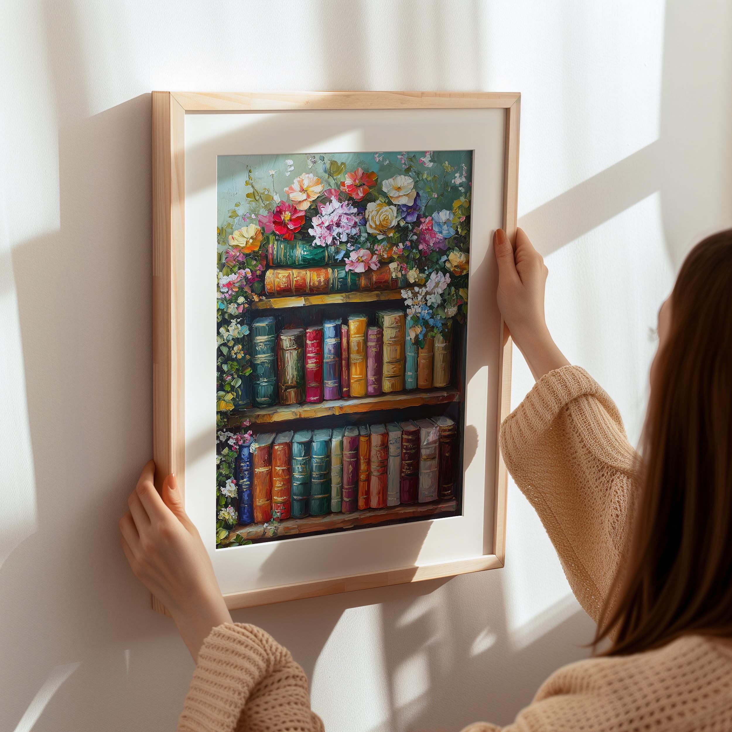 Vintage Bookshelf Art Print | Cozy Book Lover Print | Book Floral Wall ...