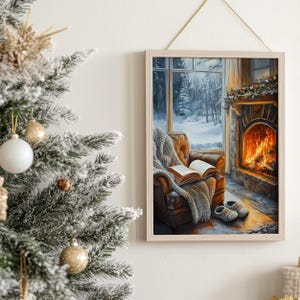 Peut inclure: Une peinture repr&eacute;sentant une sc&egrave;ne de salon confortable avec une chemin&eacute;e, une fen&ecirc;tre donnant sur un paysage enneig&eacute; et un fauteuil en cuir avec une couverture et un livre. La chemin&eacute;e est allum&eacute;e et la pi&egrave;ce est baign&eacute;e d'une lumi&egrave;re chaude.