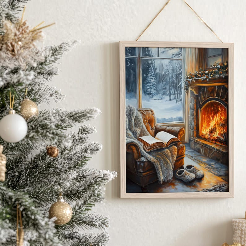 Peut inclure: Une peinture repr&eacute;sentant une sc&egrave;ne de salon confortable avec une chemin&eacute;e, une fen&ecirc;tre donnant sur un paysage enneig&eacute; et un fauteuil en cuir avec une couverture et un livre. La chemin&eacute;e est allum&eacute;e et la pi&egrave;ce est baign&eacute;e d'une lumi&egrave;re chaude.