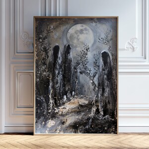 Gothic Forest Ghosts Art Print| Dark Academia Night Art | Haunted Trees and Moon | Spooky Halloween Decor | Digital Download