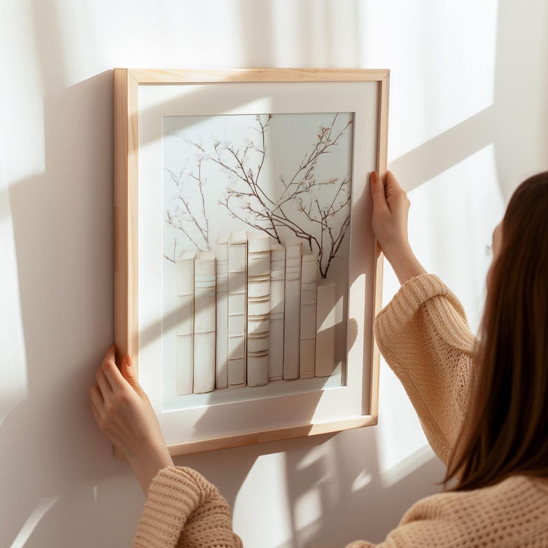 May include: A framed print of a white bookshelf with a row of books and a delicate floral arrangement in front of it. The print is in a light wood frame and is hanging on a white wall.