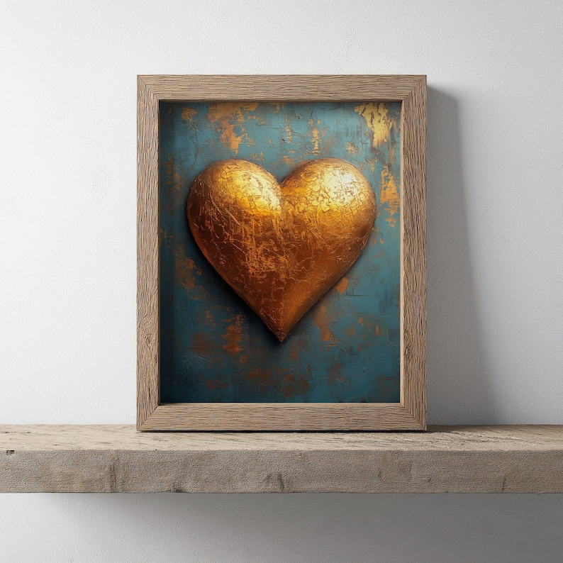 May include: A framed artwork featuring a textured, golden heart against a teal and gold background. The heart is the focal point, set within a wooden frame, creating a striking visual contrast. The artwork is displayed on a wooden shelf.