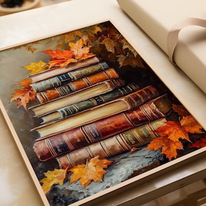 Vintage Book Stack Art Print | Autumn Book Print | Cozy Library Wall ...
