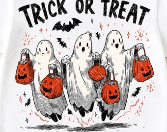 Trick or Treat Ghost PNG, Cute Halloween Ghost Sublimation, Pumpkin Candy Bucket Png, Retro Spooky Ghost Digital Download