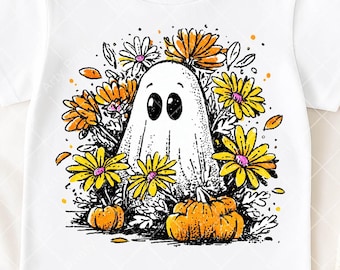 Cute Ghost PNG, Fall Flowers Halloween Sublimation, Pumpkin Ghost DTF Design, Autumn Spooky Season PNG, Retro Halloween, Digital Download