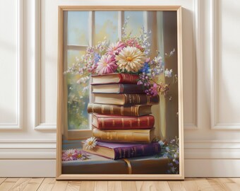 Vintage Floral Book Stack Art Print | Cozy Library Decor | Book Lover's Digital Wall Art | Literary Home Decor