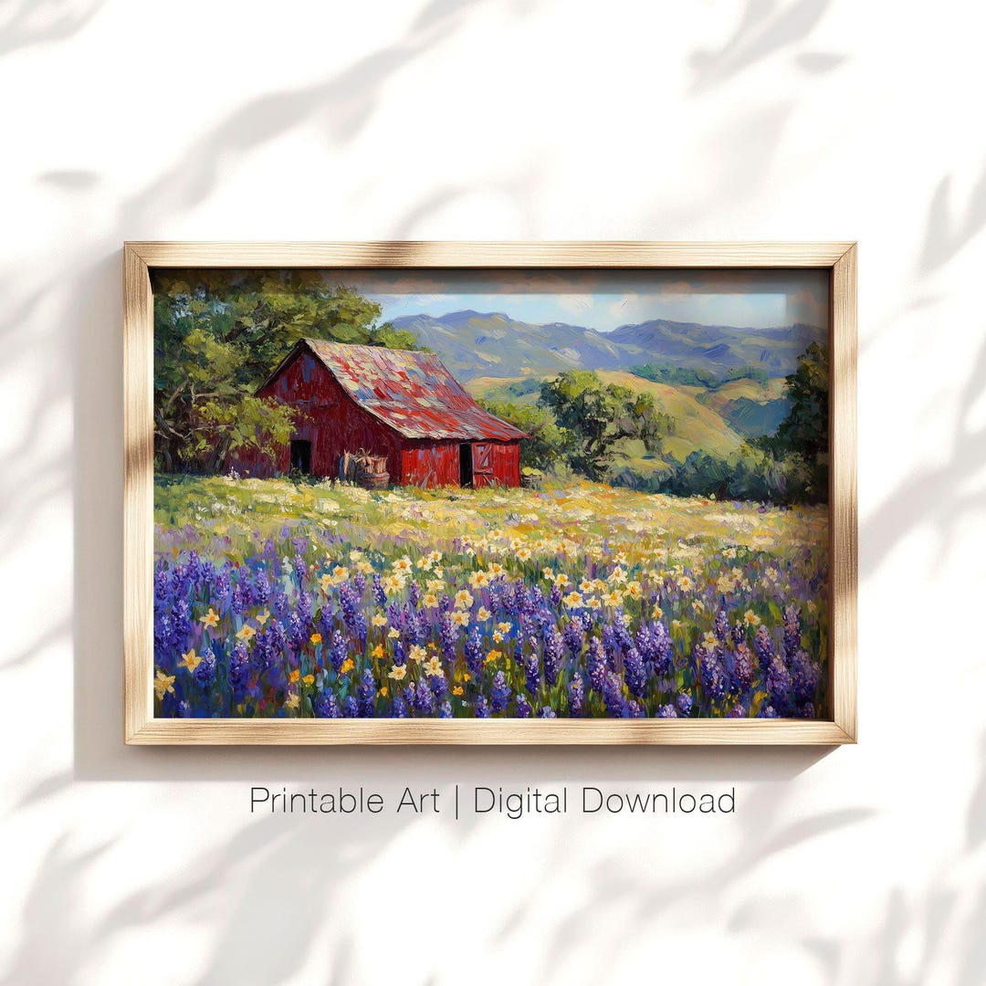Rustic Red Barn and Wildflower Field, Country Landscape Art Print ...