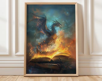 Epic Dragon from Book Art Print | Fiery Magic Wall Decor | Digital Art for Book and Fantasy Lovers