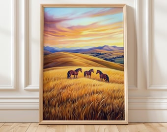Stampa artistica di cavalli / Arte murale di paesaggi occidentali / Decorazione rustica da fattoria / Stampa digitale di cavalli selvaggi
