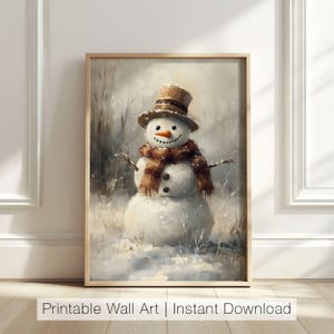 May include: A painting of a snowman with a brown hat and scarf standing in a snowy landscape. The snowman has a carrot nose and a happy expression.