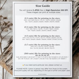 Peut inclure: Un guide des tailles pour les impressions num&eacute;riques, indiquant les diff&eacute;rentes tailles disponibles pour l'impression en pouces et en centim&egrave;tres. Le guide comprend des ratios tels que 2:3, 3:4, 4:5, 5:7 et des ratios ISO (A5, A4, A3, A2, A1).