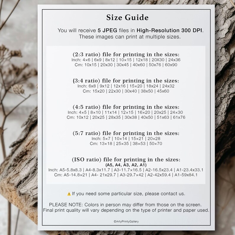 Peut inclure: Un guide des tailles pour les impressions num&eacute;riques, indiquant les diff&eacute;rentes tailles disponibles pour l'impression en pouces et en centim&egrave;tres. Le guide comprend des ratios tels que 2:3, 3:4, 4:5, 5:7 et des ratios ISO (A5, A4, A3, A2, A1).