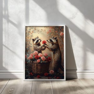 May include: Two raccoons standing in a garden setting with a basket of pink and red roses. One raccoon is holding a red rose and offering it to the other raccoon.