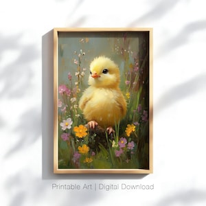 Yellow Chick Wall Art, Spring Animal Printable, Easter Nursery Decor, Baby Chick Art Print, Rustic Farmhouse Decor, Digital Download