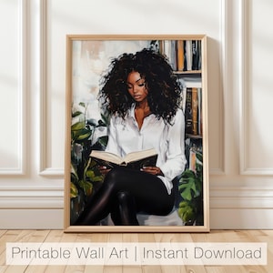 Black Woman Reading Art, Bookish Wall Art, Black Girl Book Lover Print, Reading Nook Decor, Cozy Book Art, Black Woman Printable