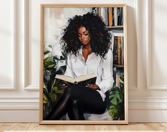 Arte de mujer negra leyendo, arte mural literario, impresión de chica negra amante de los libros, decoración de rincón de lectura, arte acogedor de libros, imprimible de mujer negra