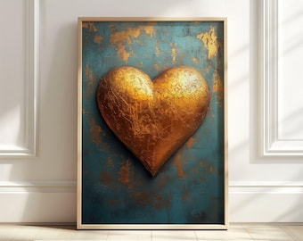Gold Heart Wall Art, Abstract Love Art, Romantic Print, Textured Heart Decor, Valentine Day Art Print, Printable Wall Art, Digital Download
