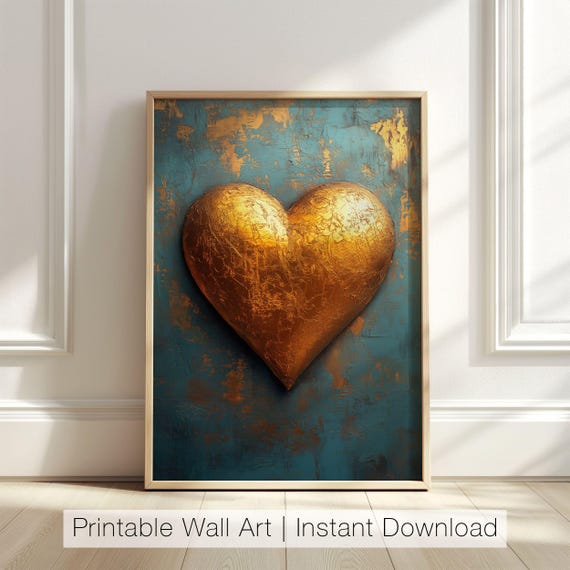 Gold Heart Wall Art, Abstract Love Art, Romantic Print, Textured Heart Decor, Valentine Day Art Print, Printable Wall Art, Digital Download