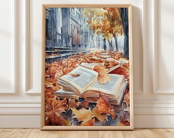 Herfst boekenliefhebber kunstafdruk | Herfstdecoratie lezen | Aquarel kinderachtige muurkunst | Digitale print gezellige herfstbladeren