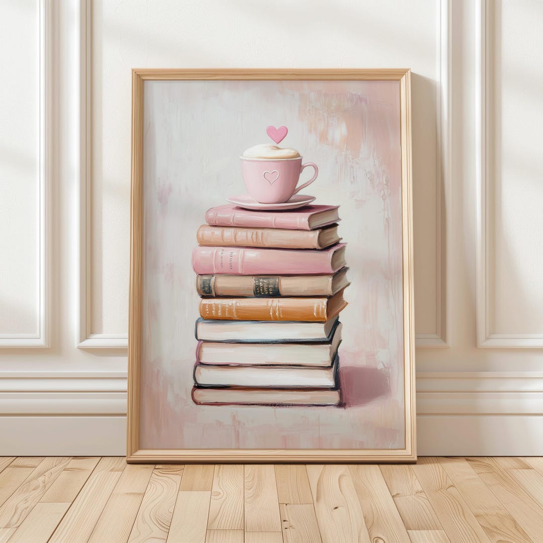 Pink Book Lover Art Print | Cozy Coffee and Books Wall Decor | Girly ...