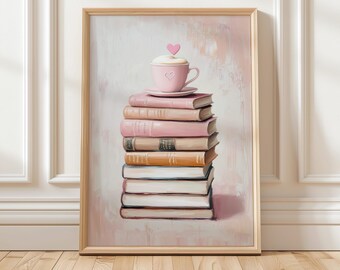 Pink Book Lover Art Print | Cozy Coffee and Books Wall Decor | Girly Bookish Digital Art | Cute Home Library Decor