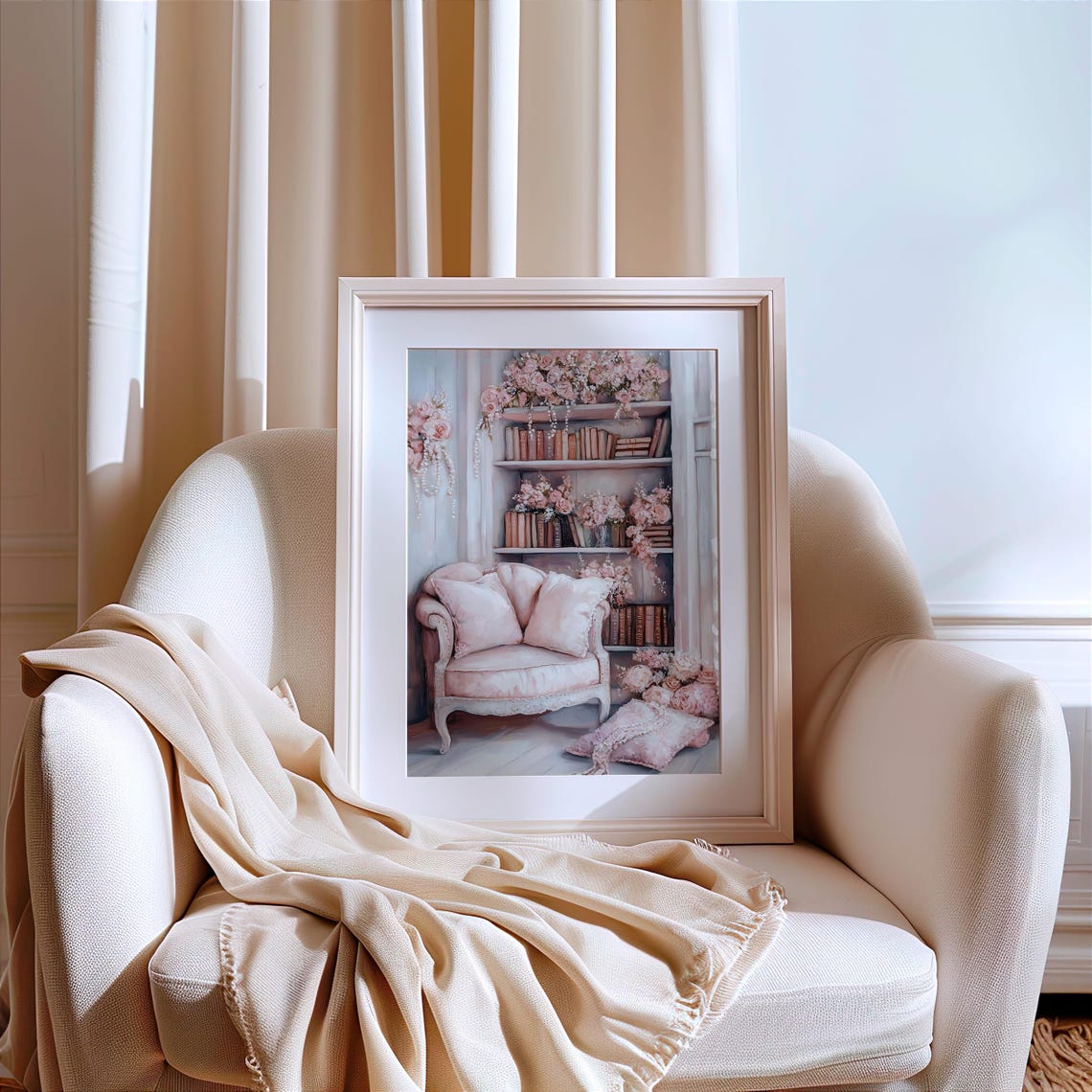Vintage Bookshelf Wall Art | Shabby Chic Book Nook Print | Cozy Book ...