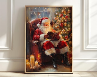 Santa Claus Reading Art, Vintage Christmas Wall Art, Holiday Decor, Santa With Christmas Tree, Christmas Printable, Digital Download