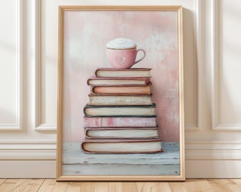 Rosa Kaffee und Bücher Kunstdruck | Gemütliches Buch-Liebhaber-Dekor | Feminine Leseecke Wandkunst | Vintage Bücher Stapel Print