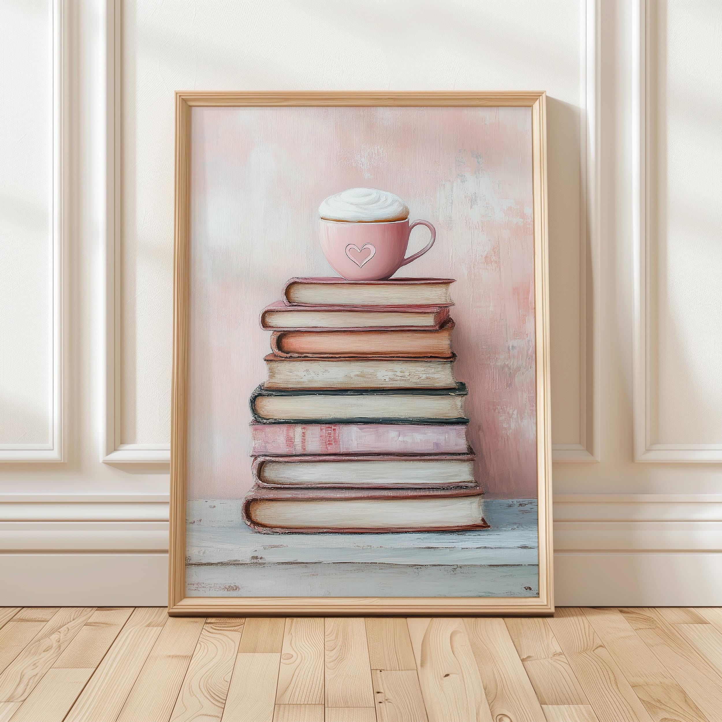 洋書 graphic spaces THREE D Pink Coffee and Books Art Print | Cozy Book Lover Decor | Feminine