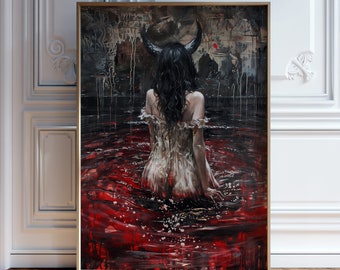 May include: A painting depicting a woman with horns standing in a pool of red water. She is wearing a white dress and has long black hair. The background is dark and abstract.