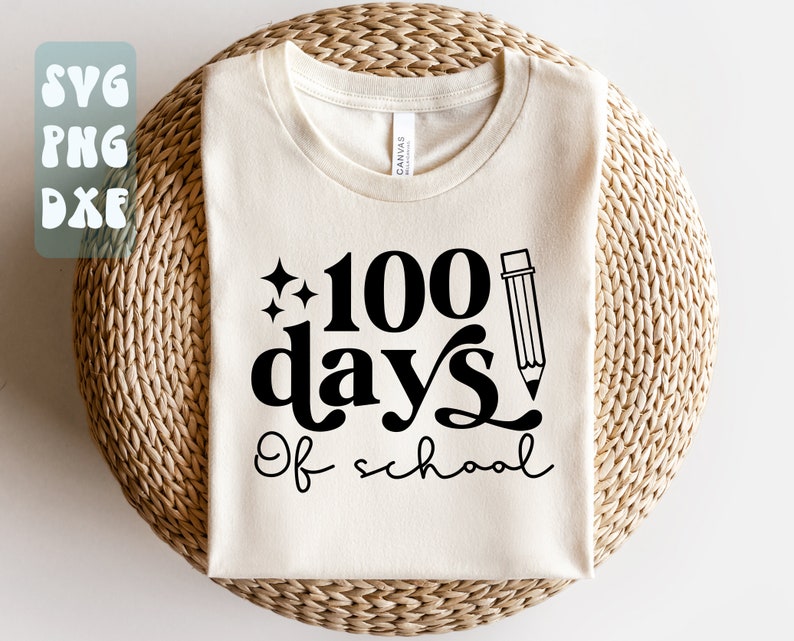 May include: A white t-shirt with black text that reads "100 days of school" with a pencil and stars graphic.