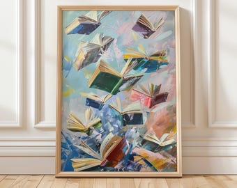 Fliegende Bücher Kunstdruck | Bunte digitale Kunst | Abstraktes Buch-Liebhaber-Dekor | Lebendiges literarisches Kunstwerk | Digitale Bibliothekskunst