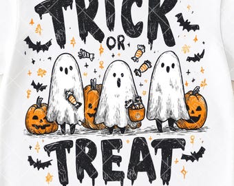 Trick or Treat Ghost PNG, Cute Halloween Ghost Trio Sublimation, Funny Spooky Season PNG, Pumpkin Ghost Halloween Digital Download