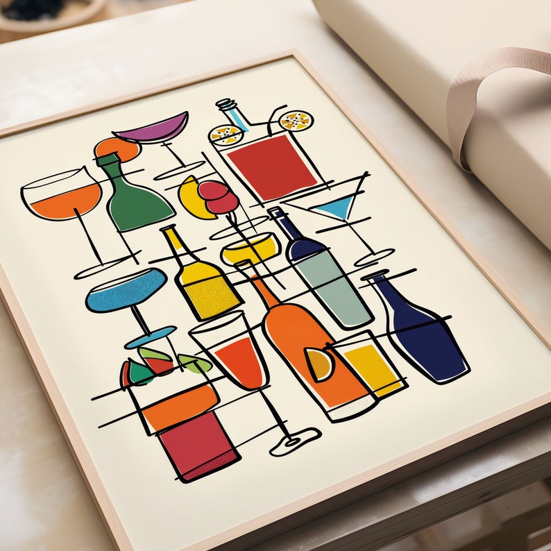 May include: A colorful abstract illustration of a bar scene with various cocktails and drinks in glasses and bottles. The illustration is done in a mid-century modern style with a white background and black outlines.