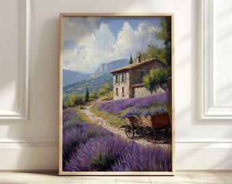 Arte mural de campo de lavanda, impresión rústica, paisaje provenzal imprimible, decoración del hogar estilo cottagecore, descarga digital de estilo rústico vintage.