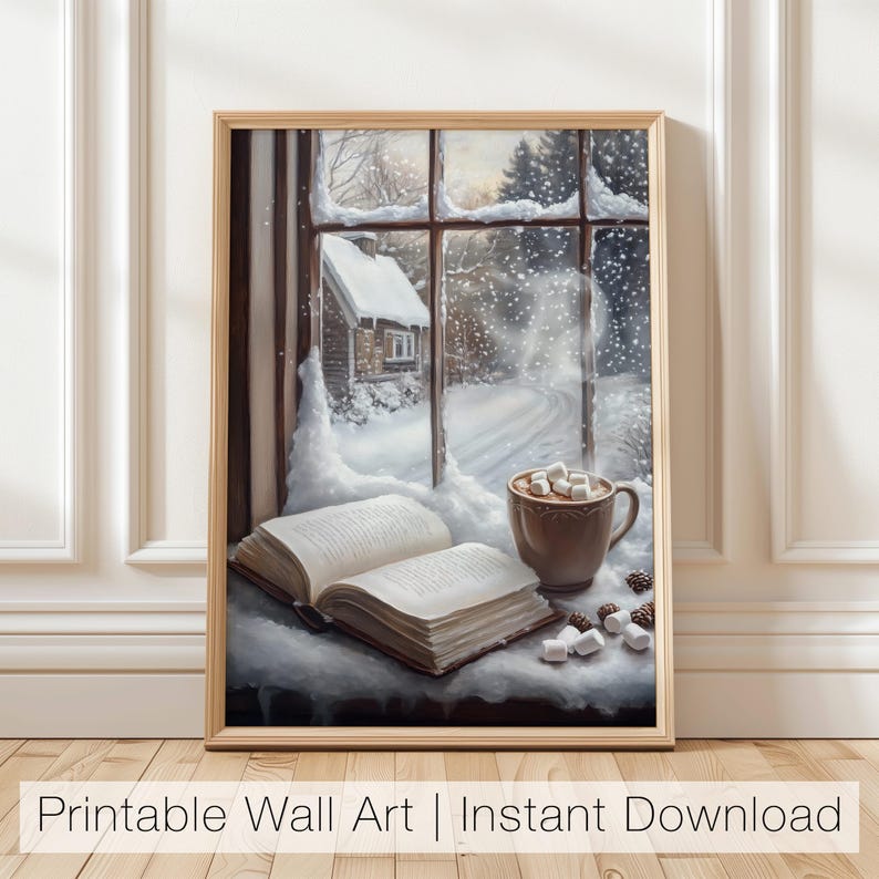 Winter Book Reading Art Print, Cozy Reading Nook Wall Art, Winter Printable, Book Lover Digital Art, Bookish Print, Winter Home Decor image 1