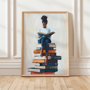 Black Woman Reading Book Art Print | Book Lover Print | African American Wall Art | Black Girl Digital Art | Cozy Bookish Wall Decor