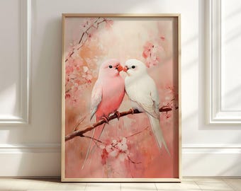Rosa Liebe Vögel auf Zweig Kunstdruck, romantische druckbare Wandkunst, Lovebird Dekor, Kirschblüte Kunst, Valentinstag Druck, digitaler Download