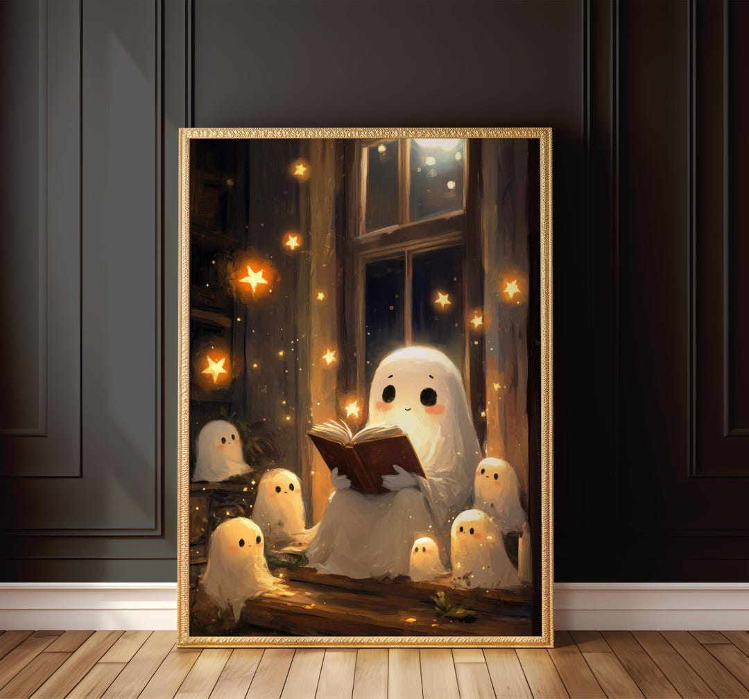 Halloween Ghost Reading Art | Cozy Book Lover Digital Print | Spooky ...