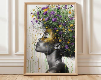 Afro Art Print | Floral Black Woman Portrait | Colorful Afrocentric Decor | African American Wall Art | Vibrant Digital Artwork