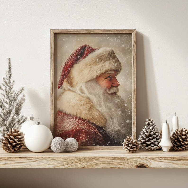 Peut inclure: Une impression encadr&eacute;e d'une illustration vintage du P&egrave;re No&euml;l avec une barbe blanche et un chapeau rouge et blanc. L'arri&egrave;re-plan est une sc&egrave;ne enneig&eacute;e avec un effet flou doux.