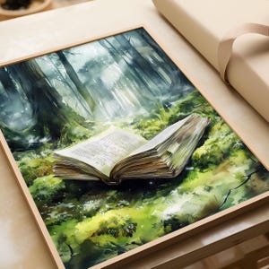 May include: A watercolor painting of an open book lying on a bed of green moss in a forest. The book is old and worn, with yellowed pages and a leather cover. The forest is lush and green, with tall trees and dappled sunlight. The painting evokes a sense of peace and tranquility.