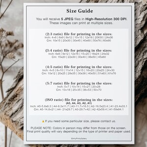 May include: A white document with a black border titled "Size Guide." It lists print sizes in inches and centimeters for various aspect ratios, including 2:3, 3:4, 4:5, 5:7, and ISO. The document also includes a note about color variations.