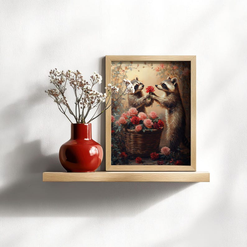 May include: A framed painting of two raccoons in a forest setting. The raccoon on the right is holding a red rose and presenting it to the raccoon on the left. Both raccoons are surrounded by pink and red roses in a basket.