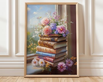 Vintage Floral Bücherstapel Kunstdruck | Gemütliche Leseecke Dekor | Buchliebhabers Kunst | Digitale Cottagecore Kunst